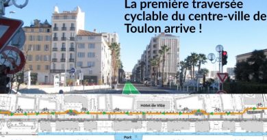 Photo de l'avenue de la République à Toulon, prise de l'entrée de l'arsenal. Une piste cyclable bidirectionnelle est dessinée sur le côté nord de l'avenue. Texte : La première traversée cyclable du centre-ville de Toulon arrive ! En bas, un plan technique de l'aménagement en question